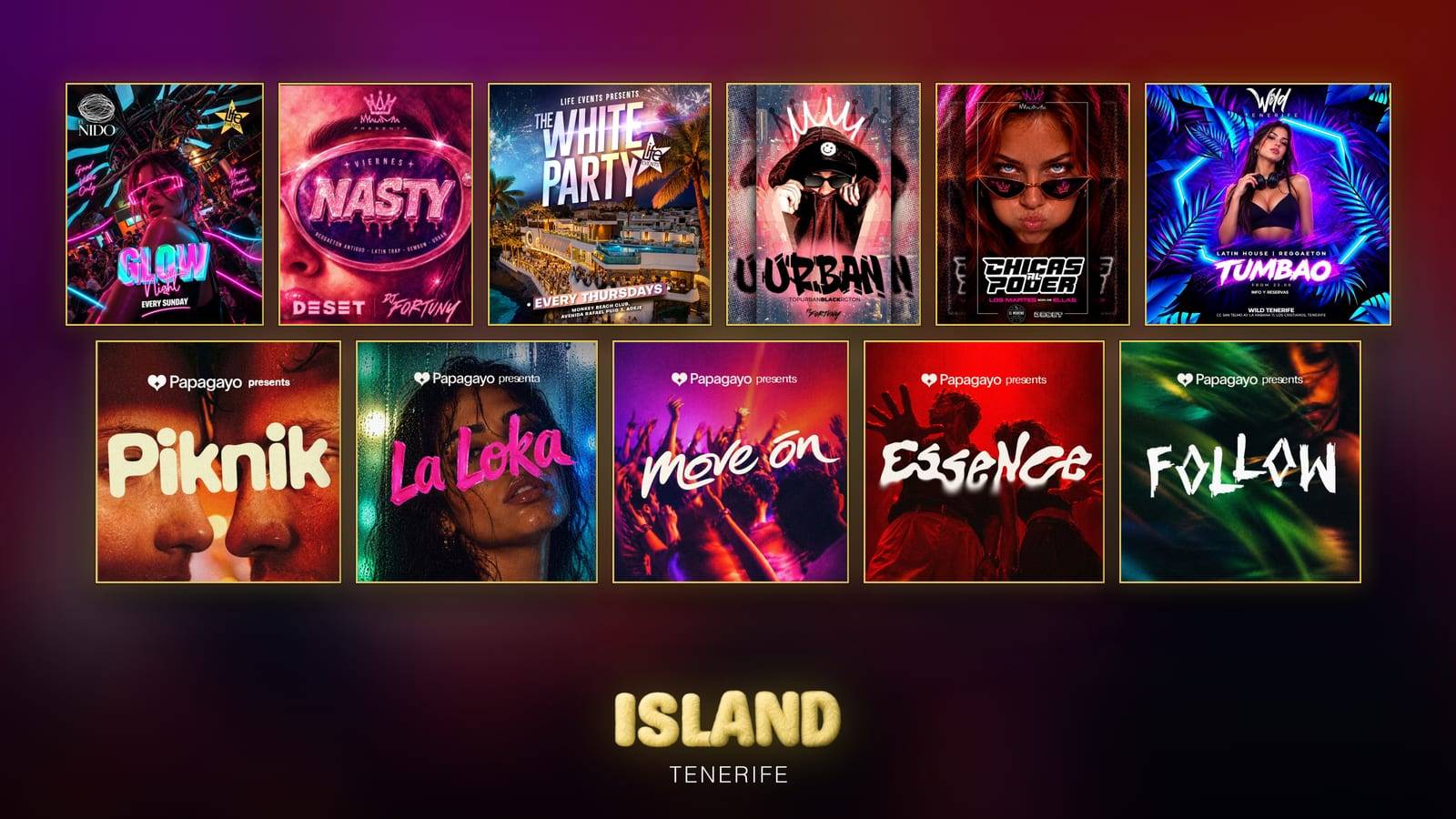 A wall of this season's official posters, one for each party with its own article