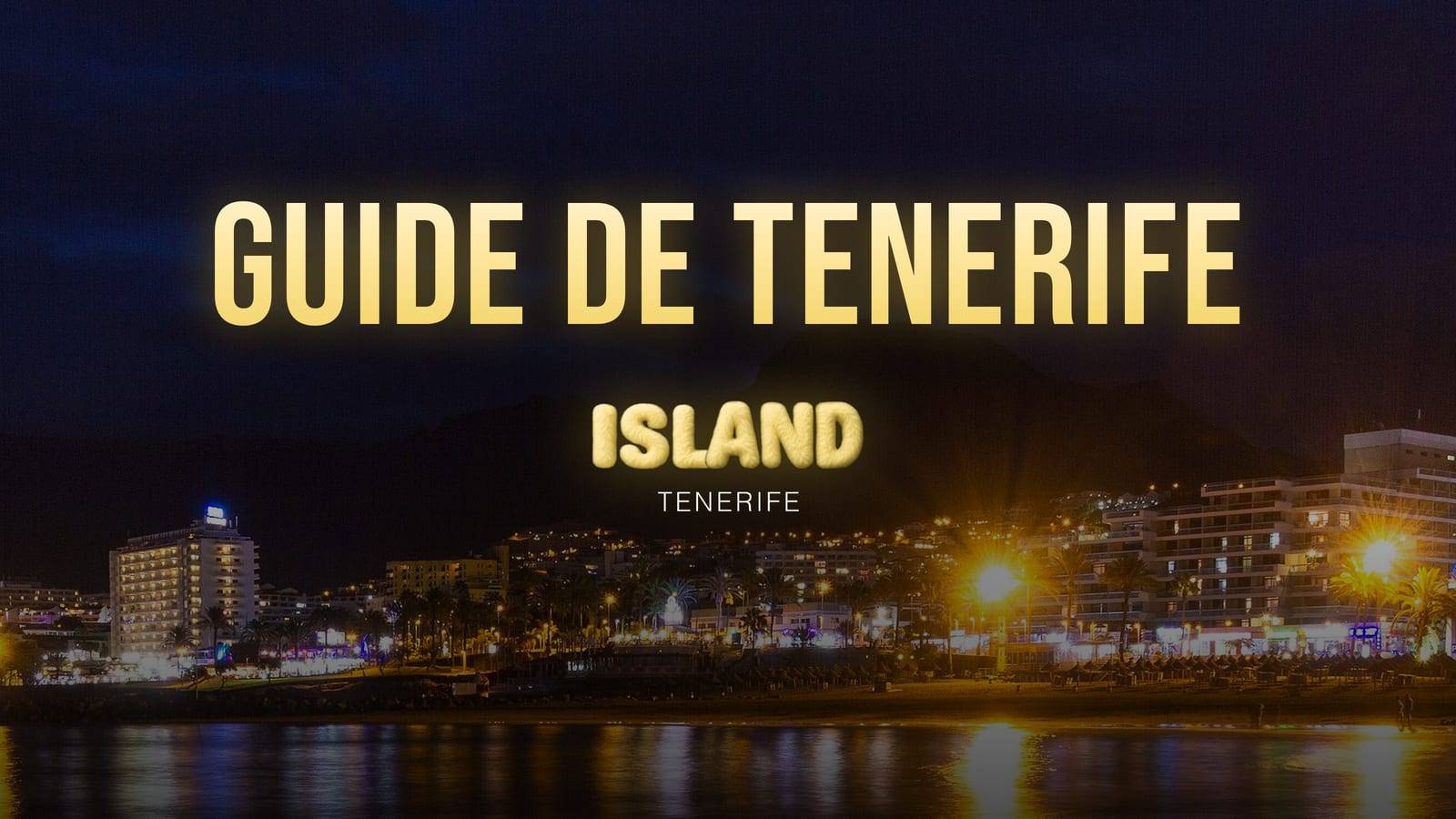 Bannière « Guide de Tenerife » avec le logo Party Island Tenerife sur le front de mer de Costa Adeje la nuit