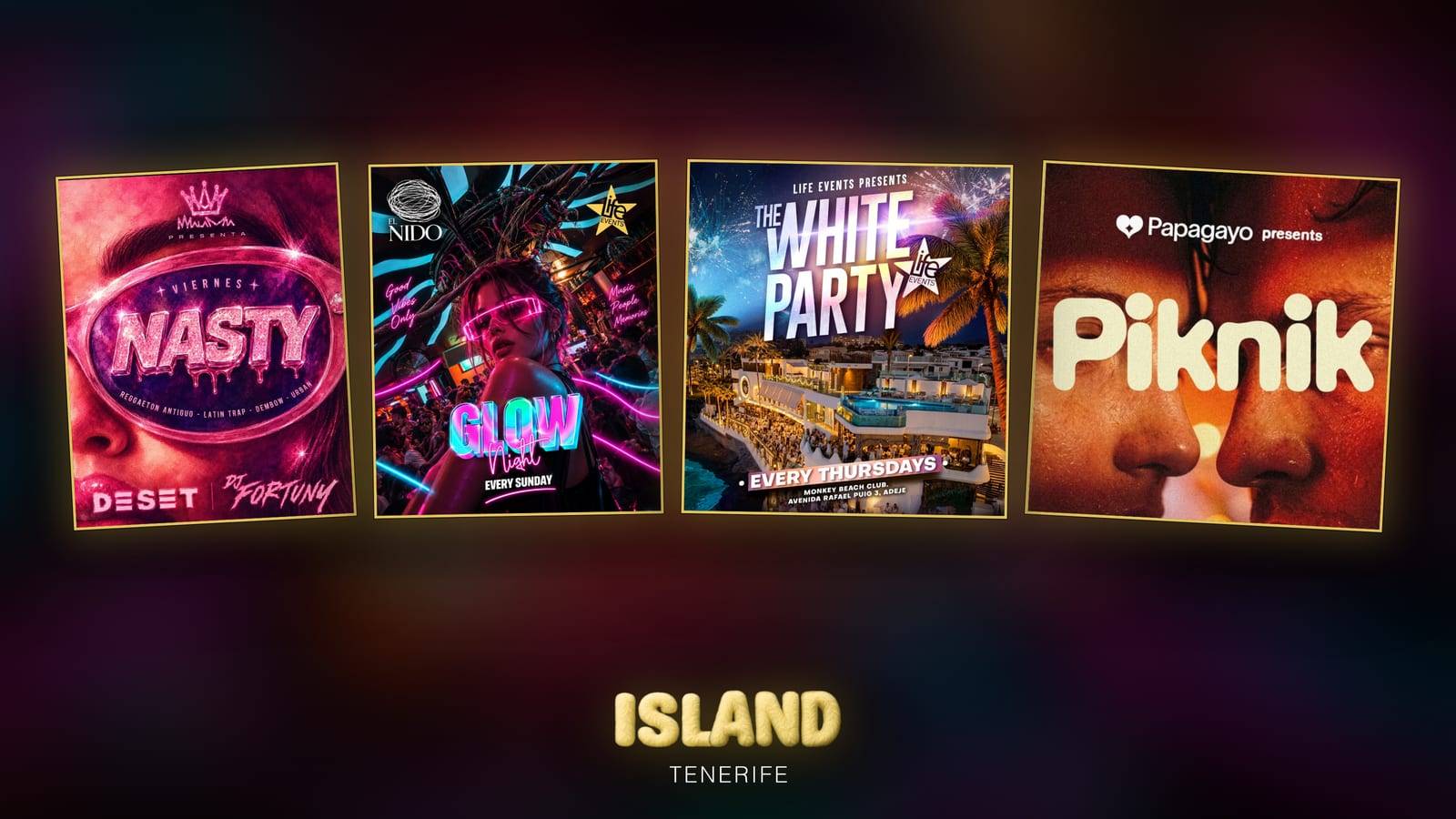 Official posters of Nasty, Glow Night, The White Party and Piknik: one night from each of the big venues
