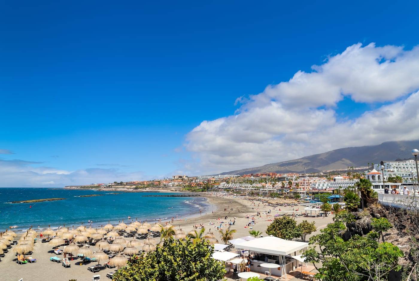 Aerial view of Playa de Torviscas beach and the hotels of Costa Adeje